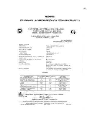160
ANEXO VII
RESULTADOS DE LA CARACTERIZACIÓN DE LA DESCARGA DE EFLUENTES
 