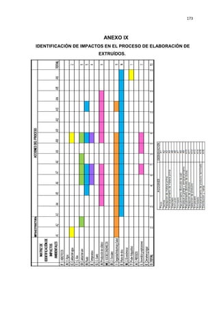 173
ANEXO IX
IDENTIFICACIÓN DE IMPACTOS EN EL PROCESO DE ELABORACIÓN DE
EXTRUÍDOS.
 