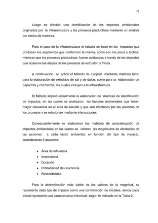 23
Luego se efectuó una identificación de los impactos ambientales
originados por la infraestructura y los procesos productivos mediante un análisis
por medio de matrices.
Para el caso de la infraestructura el estudio se basó en los impactos que
producen los segmentos que conforman la misma, como son los pisos y techos;
mientras que los procesos productivos, fueron evaluados a través de los impactos
que ocasiona las etapas de los procesos de extrusión y fritura.
A continuación se aplicó el Método de Leopold, mediante matrices tanto
para la elaboración de extruídos de sal y de dulce, como para la elaboración de
papa frita y chicharrón, las cuales incluyen a la infraestructura.
El Método implicó inicialmente la elaboración de matrices de identificación
de impactos, en las cuales se analizaron los factores ambientales que tienen
mayor relevancia en el área de estudio y que son afectados por las acciones de
los procesos y se relacionan mediante interacciones.
Consecuentemente se elaboraron las matrices de caracterización de
impactos ambientales en las cuales se valoran las magnitudes de afectación de
las acciones a cada factor ambiental, en función del tipo de impacto,
considerando 5 aspectos:
• Área de influencia
• Importancia
• Duración
• Probabilidad de ocurrencia
• Reversibilidad
Para la determinación más viable de los valores de la magnitud, se
representa cada tipo de impacto como una combinación de iniciales, donde cada
inicial representa una característica individual, según lo indicado en la Tabla 2.
 