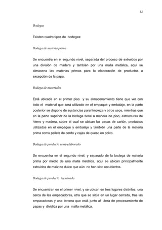 32
Bodegas
Existen cuatro tipos de bodegas:
Bodega de materia prima
Se encuentra en el segundo nivel, separada del proceso de extruidos por
una división de madera y también por una malla metálica, aquí se
almacena las materias primas para la elaboración de productos a
excepción de la papa.
Bodega de materiales
Está ubicada en el primer piso y su almacenamiento tiene que ver con
todo el material que será utilizado en el empaque y embalaje, en la parte
posterior se dispone de sustancias para limpieza y otros usos, mientras que
en la parte superior de la bodega tiene a manera de piso, estructuras de
hierro y madera, sobre el cual se ubican las pacas de cartón, productos
utilizados en el empaque y embalaje y también una parte de la materia
prima como pellets de cerdo y cajas de queso en polvo.
Bodega de producto semi-elaborado
Se encuentra en el segundo nivel, y separado de la bodega de materia
prima por medio de una malla metálica, aquí se ubican principalmente
extruidos de maíz de dulce que aún no han sido recubiertos.
Bodega de producto terminado
Se encuentran en el primer nivel, y se ubican en tres lugares distintos: una
cerca de las empacadoras, otra que se sitúa en un lugar cerrado, tras las
empacadoras y una tercera que está junto al área de procesamiento de
papas y dividida por una malla metálica.
 