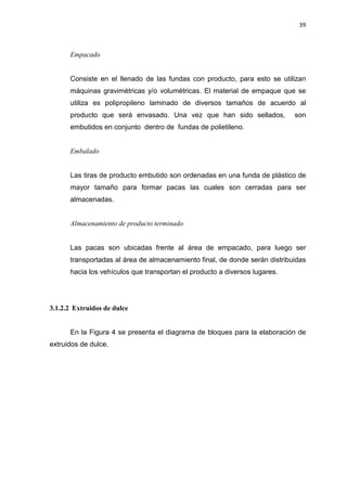 39
Empacado
Consiste en el llenado de las fundas con producto, para esto se utilizan
máquinas gravimétricas y/o volumétricas. El material de empaque que se
utiliza es polipropileno laminado de diversos tamaños de acuerdo al
producto que será envasado. Una vez que han sido sellados, son
embutidos en conjunto dentro de fundas de polietileno.
Embalado
Las tiras de producto embutido son ordenadas en una funda de plástico de
mayor tamaño para formar pacas las cuales son cerradas para ser
almacenadas.
Almacenamiento de producto terminado
Las pacas son ubicadas frente al área de empacado, para luego ser
transportadas al área de almacenamiento final, de donde serán distribuidas
hacia los vehículos que transportan el producto a diversos lugares.
3.1.2.2 Extruidos de dulce
En la Figura 4 se presenta el diagrama de bloques para la elaboración de
extruidos de dulce.
 