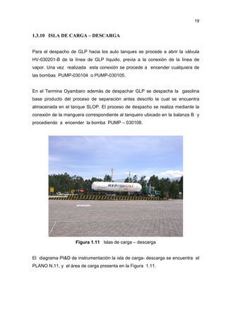 19
1.3.10 ISLA DE CARGA – DESCARGA
Para el despacho de GLP hacia los auto tanques se procede a abrir la válvula
HV-030201-...