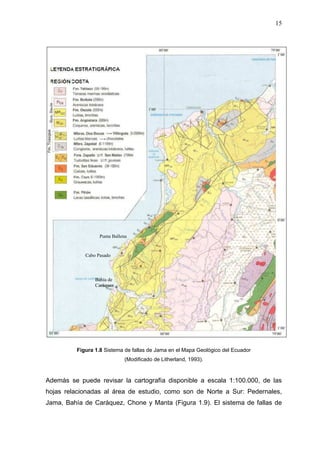 15
Figura 1.8 Sistema de fallas de Jama en el Mapa Geológico del Ecuador
(Modificado de Litherland, 1993).
Además se puede revisar la cartografía disponible a escala 1:100.000, de las
hojas relacionadas al área de estudio, como son de Norte a Sur: Pedernales,
Jama, Bahía de Caráquez, Chone y Manta (Figura 1.9). El sistema de fallas de
Punta Ballena
Bahía de
Caráquez
Cabo Pasado
 