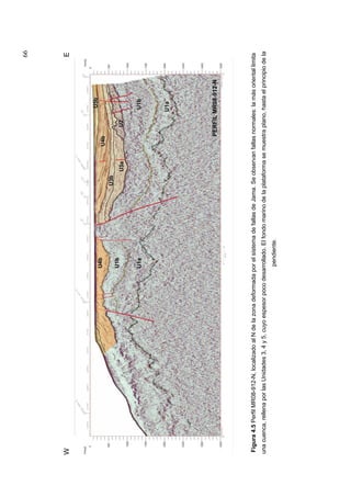 66
WE
Figura4.5PerfilMR08-912-N,localizadoalNdelazonadeformadaporelsistemadefallasdeJama.Seobservanfallasnormales:lamásorientallimita
unacuenca,rellenaporlasUnidades3,4y5,cuyoespesorpocodesarrollado.Elfondomarinodelaplataformasemuestraplano,hastaelprincipiodela
pendiente.
 
