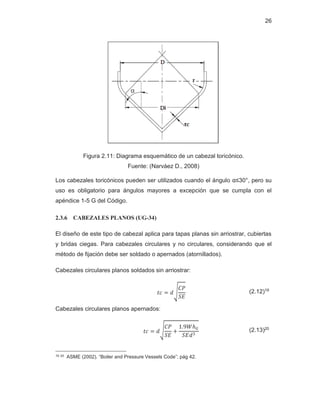 26
Figura 2.11: Diagrama esquemático de un cabezal toricónico.
Fuente: (Narváez D., 2008)
Los cabezales toricónicos pueden ser utilizados cuando el ángulo α≤30°, pero su
uso es obligatorio para ángulos mayores a excepción que se cumpla con el
apéndice 1-5 G del Código.
2.3.6 CABEZALES PLANOS (UG-34)
El diseño de este tipo de cabezal aplica para tapas planas sin arriostrar, cubiertas
y bridas ciegas. Para cabezales circulares y no circulares, considerando que el
método de fijación debe ser soldado o apernados (atornillados).
Cabezales circulares planos soldados sin arriostrar:
‫ܿݐ‬ ൌ ݀ඨ
‫ܲܥ‬
ܵ‫ܧ‬
(2.12)19
Cabezales circulares planos apernados:
‫ܿݐ‬ ൌ ݀ඨ
‫ܲܥ‬
ܵ‫ܧ‬
൅
ͳǤͻܹ݄ீ
ܵ‫݀ܧ‬ଷ
(2.13)20
19 20 ASME (2002). “Boiler and Pressure Vessels Code”; pág 42.
 
