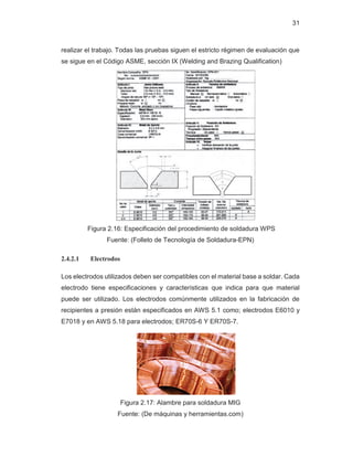 31
realizar el trabajo. Todas las pruebas siguen el estricto régimen de evaluación que
se sigue en el Código ASME, sección IX (Welding and Brazing Qualification)
Figura 2.16: Especificación del procedimiento de soldadura WPS
Fuente: (Folleto de Tecnología de Soldadura-EPN)
2.4.2.1 Electrodos
Los electrodos utilizados deben ser compatibles con el material base a soldar. Cada
electrodo tiene especificaciones y características que indica para que material
puede ser utilizado. Los electrodos comúnmente utilizados en la fabricación de
recipientes a presión están especificados en AWS 5.1 como; electrodos E6010 y
E7018 y en AWS 5.18 para electrodos; ER70S-6 Y ER70S-7.
Figura 2.17: Alambre para soldadura MIG
Fuente: (De máquinas y herramientas.com)
 