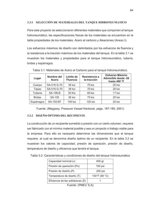 64
3.3.1 SELECCIÓN DE MATERIALES DEL TANQUE HIDRONEUMATICO
Para este proyecto se seleccionaron diferentes materiales que componen el tanque
hidroneumático, las especificaciones físicas de los materiales se encuentran en la
tabla propiedades de los materiales, Acero al carbono y Aleaciones (Anexo I).
Los esfuerzos máximos de diseño son delimitados por los esfuerzos de fluencia y
la resistencia a la tracción máximos de los materiales del tanque. En la tabla 3.1 se
muestran los materiales y propiedades para el tanque hidroneumático, tubería,
bridas y espárragos.
Tabla 3.1: Materiales de Acero al Carbono para el tanque hidroneumático.
Lugar
Nombre del
Acero
Límite de
Fluencia
Resistencia a
la tracción
Esfuerzo Máximo
Admisible desde -20
hasta 400 °F
Cuerpo SA-516 G-70 38 ksi 70 ksi 20 ksi
Tapas SA-516 G-70 38 ksi 70 ksi 20 ksi
Tubería SA-106-B 35 Ksi 60 ksi 17 ksi
Bridas SA-105 36 ksi 70 ksi 20 ksi
Espárragos SA-193-B7 105 ksi 125 ksi 25 ksi
Fuente: (Megyesy, Pressure Vessel Hanbook, págs. 187-189, 2001)
3.3.2 DISEÑO ÓPTIMO DEL RECIPIENTE
La construcción de un recipiente sometido a presión con un cierto volumen, requiere
ser fabricado con el mínimo material posible y sea un proyecto o trabajo viable para
la empresa. Para ello es necesario determinar las dimensiones que el tanque
requiere, al cual se denomina diseño óptimo de un recipiente. En la tabla 3.2 se
muestran los valores de capacidad, presión de operación, presión de diseño,
temperatura de diseño y eficiencia que tendrá el tanque.
Tabla 3.2: Características y condiciones de diseño del tanque hidroneumático
Capacidad nominal (v) 400 gl.
Presión de operación (Po) 100 psi
Presión de diseño (P) 200 psi
Temperatura de diseño (T) 154°F (68 °C)
Eficiencia de las soldaduras (E) 1
Fuente: (PMEC S.A)
 