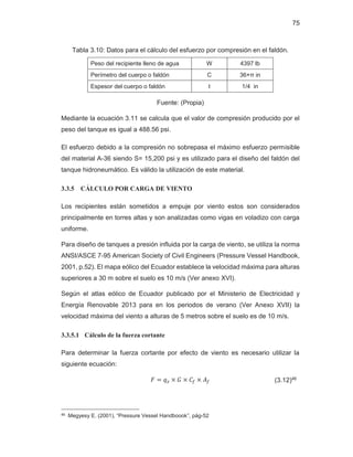 75
Tabla 3.10: Datos para el cálculo del esfuerzo por compresión en el faldón.
Peso del recipiente lleno de agua W 4397 lb
Perímetro del cuerpo o faldón C 36×π in
Espesor del cuerpo o faldón t 1/4 in
Fuente: (Propia)
Mediante la ecuación 3.11 se calcula que el valor de compresión producido por el
peso del tanque es igual a 488.56 psi.
El esfuerzo debido a la compresión no sobrepasa el máximo esfuerzo permisible
del material A-36 siendo S= 15,200 psi y es utilizado para el diseño del faldón del
tanque hidroneumático. Es válido la utilización de este material.
3.3.5 CÁLCULO POR CARGA DE VIENTO
Los recipientes están sometidos a empuje por viento estos son considerados
principalmente en torres altas y son analizadas como vigas en voladizo con carga
uniforme.
Para diseño de tanques a presión influida por la carga de viento, se utiliza la norma
ANSI/ASCE 7-95 American Society of Civil Engineers (Pressure Vessel Handbook,
2001, p.52). El mapa eólico del Ecuador establece la velocidad máxima para alturas
superiores a 30 m sobre el suelo es 10 m/s (Ver anexo XVI).
Según el atlas eólico de Ecuador publicado por el Ministerio de Electricidad y
Energía Renovable 2013 para en los periodos de verano (Ver Anexo XVII) la
velocidad máxima del viento a alturas de 5 metros sobre el suelo es de 10 m/s.
3.3.5.1 Cálculo de la fuerza cortante
Para determinar la fuerza cortante por efecto de viento es necesario utilizar la
siguiente ecuación:
‫ܨ‬ ൌ ‫ݍ‬௭ ൈ ‫ܩ‬ ൈ ‫ܥ‬௙ ൈ ‫ܣ‬௙ (3.12)46
46 Megyesy E. (2001), “Pressure Vessel Handboook”, pág-52
 