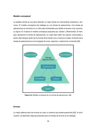 Modelo conceptual
La palabra tienda se usa para describir un lugar donde se intercambian productos y ser-
vicios. El modelo conceptual del catálogo es una tienda de aplicaciones. Una tienda de
aplicaciones se convierte en un sitio web centralizado que facilita el acceso a los usuarios.
La figura 2.5 muestra el modelo conceptual propuesto por Jansen y Bloemendal. El trián-
gulo representa la tienda de aplicaciones, en cada lado están los actores involucrados y
dentro del triángulo están las funciones de la tienda une e involucra a todos. El dueño de la
tienda de aplicaciones es el encargado de crear, organizar y seleccionar contenido [48].
Tienda
aplicaciones
Características
Políticas
Propiedades
Usuarios ﬁnales
Dueño
Desarrolladores
Figura 2.5: Modelo conceptual de una tienda de aplicaciones. [48].
Errores
La mejor defensa para los errores es crear un sistema que puede prevenirlos [22]. A conti-
nuación, se describen algunas prácticas para el manejo de errores en el catálogo:
34
 