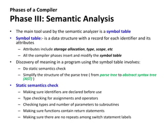 Phases of a Compiler
Phase III: Semantic Analysis
• The main tool used by the semantic analyzer is a symbol table
• Symbol table:- is a data structure with a record for each identifier and its
attributes
– Attributes include storage allocation, type, scope, etc
– All the compiler phases insert and modify the symbol table
• Discovery of meaning in a program using the symbol table involves:
– Do static semantics check
– Simplify the structure of the parse tree ( from parse tree to abstract syntax tree
(AST) )
• Static semantics check
– Making sure identifiers are declared before use
– Type checking for assignments and operators
– Checking types and number of parameters to subroutines
– Making sure functions contain return statements
– Making sure there are no repeats among switch statement labels
 