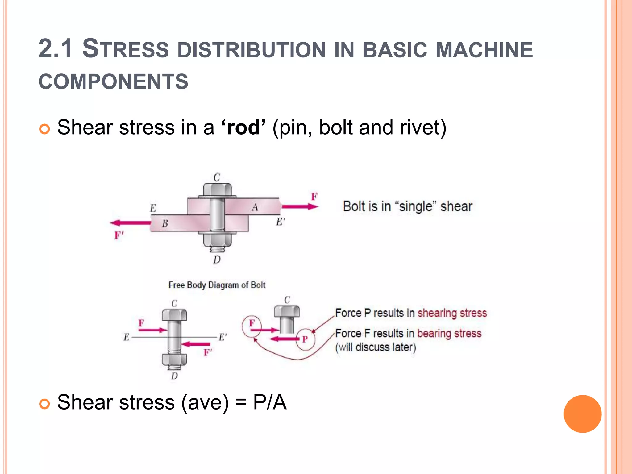 2.1 STRESS DISTRIBUTION IN BASIC MACHINE
COMPONENTS
 Shear stress in a ‘rod’ (pin, bolt and rivet)
 Shear stress (ave) = P/A
 