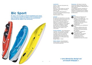 16 17
Bic Sport
Bic Sport a fait du design un élément stratégique pour réussir
son entrée sur le marché du kayak en 2002. Le design devient
alors un élément majeur pour affirmer son positionnement
différenciant par rapport à ses concurrents.
CONTEXTE
Secteur : Fabricant de produits de
glisse sur l’eau
Marché : B to C
Résumé : Un des leaders du marché
international des sports de glisse
Effectifs : 130
CA : 27 M€ en 2015. 72% de la
production est exportée dans 92 pays
sur les 6 continents.
Date de création : 1979
MISSION
Bic Sport s’est diversiﬁé au cours des
20 dernières années dans les secteurs
du surf, du kayak et du dériveur
pour enfants. C’est pour réussir son
entrée sur le marché du kayak en
2002 que l’entreprise a fait du design
un élément stratégique. Le design
devient alors un élément majeur
pour affirmer son positionnement
différenciant par rapport à ses
concurrents.
Actions engagées : Des améliorations
« produit » aux nouveaux concepts,
l’offre est constamment optimisée.
Le design a ainsi pris une place
spéciﬁque dans le processus de
conception et Bic Sport renouvelle
régulièrement sa collaboration avec
des designers.
Budget design = 50 k€.
Métiers utilisés : Essentiellement
design produit et design graphique
(sur certaines gammes).
Ressources : Bic Sport n’a pas de
service de création interne mais fait
appel à des designers indépendants et
à des agences.
Les designers externes travaillent en
étroite collaboration avec le bureau
d’étude et la production pour intégrer
toutes les contraintes liées au process
de fabrication.
IMPACTS
> 5 Etoiles de l’Observeur du
design ; Prix du design en
Bretagne ; Prix Bateau Bleu (FIN)
> Augmentation du chiffre
d’affaires et des bénéﬁces
> Progression des exportations
> Renforcement de la
compétitivité
> Amélioration de la satisfaction
client
> Meilleure différenciation des
nouveaux produits et services
> Evolution du positionnement
des marques
> Intégration du design en
amont, dès la R&D
> Globalement, plus grande
créativité de l’entreprise
> Amélioration de la
communication et de la
coopération sur tous les projets
« Une démarche design est
un travail d’équipe »
 