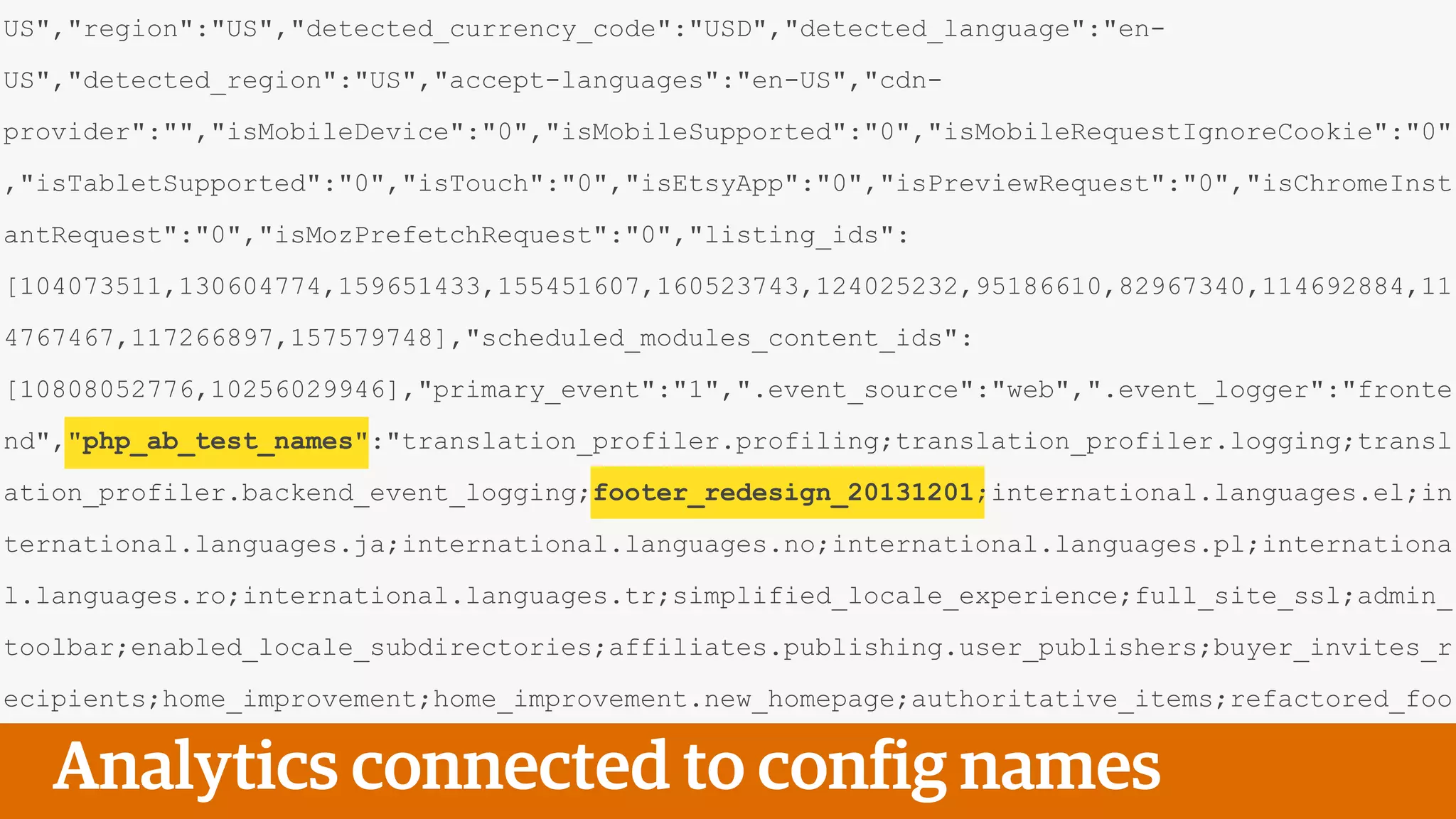 US","region":"US","detected_currency_code":"USD","detected_language":"en-
US","detected_region":"US","accept-languages":"en-US","cdn-
provider":"","isMobileDevice":"0","isMobileSupported":"0","isMobileRequestIgnoreCookie":"0"
,"isTabletSupported":"0","isTouch":"0","isEtsyApp":"0","isPreviewRequest":"0","isChromeInst
antRequest":"0","isMozPrefetchRequest":"0","listing_ids":
[104073511,130604774,159651433,155451607,160523743,124025232,95186610,82967340,114692884,11
4767467,117266897,157579748],"scheduled_modules_content_ids":
[10808052776,10256029946],"primary_event":"1",".event_source":"web",".event_logger":"fronte
nd","php_ab_test_names":"translation_profiler.profiling;translation_profiler.logging;transl
ation_profiler.backend_event_logging;footer_redesign_20131201;international.languages.el;in
ternational.languages.ja;international.languages.no;international.languages.pl;internationa
l.languages.ro;international.languages.tr;simplified_locale_experience;full_site_ssl;admin_
toolbar;enabled_locale_subdirectories;affiliates.publishing.user_publishers;buyer_invites_r
ecipients;home_improvement;home_improvement.new_homepage;authoritative_items;refactored_foo
ter;conversations.rejuvination;contextual_homepage_recs.global;css_from_www;shrinkray.css;c
srf_nonce_refactor.allow_colon;csrf_nonce_refactor.reverse_order;csrf_nonce_refactor.no_enc
Analytics connected to config names
 