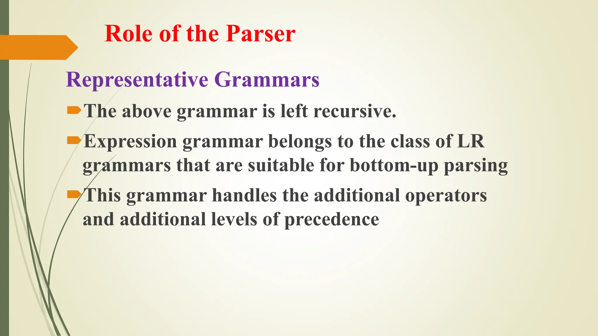 Role of the Parser
Representative Grammars
The above grammar is left recursive.
Expression grammar belongs to the class of LR
grammars that are suitable for bottom-up parsing
This grammar handles the additional operators
and additional levels of precedence
 