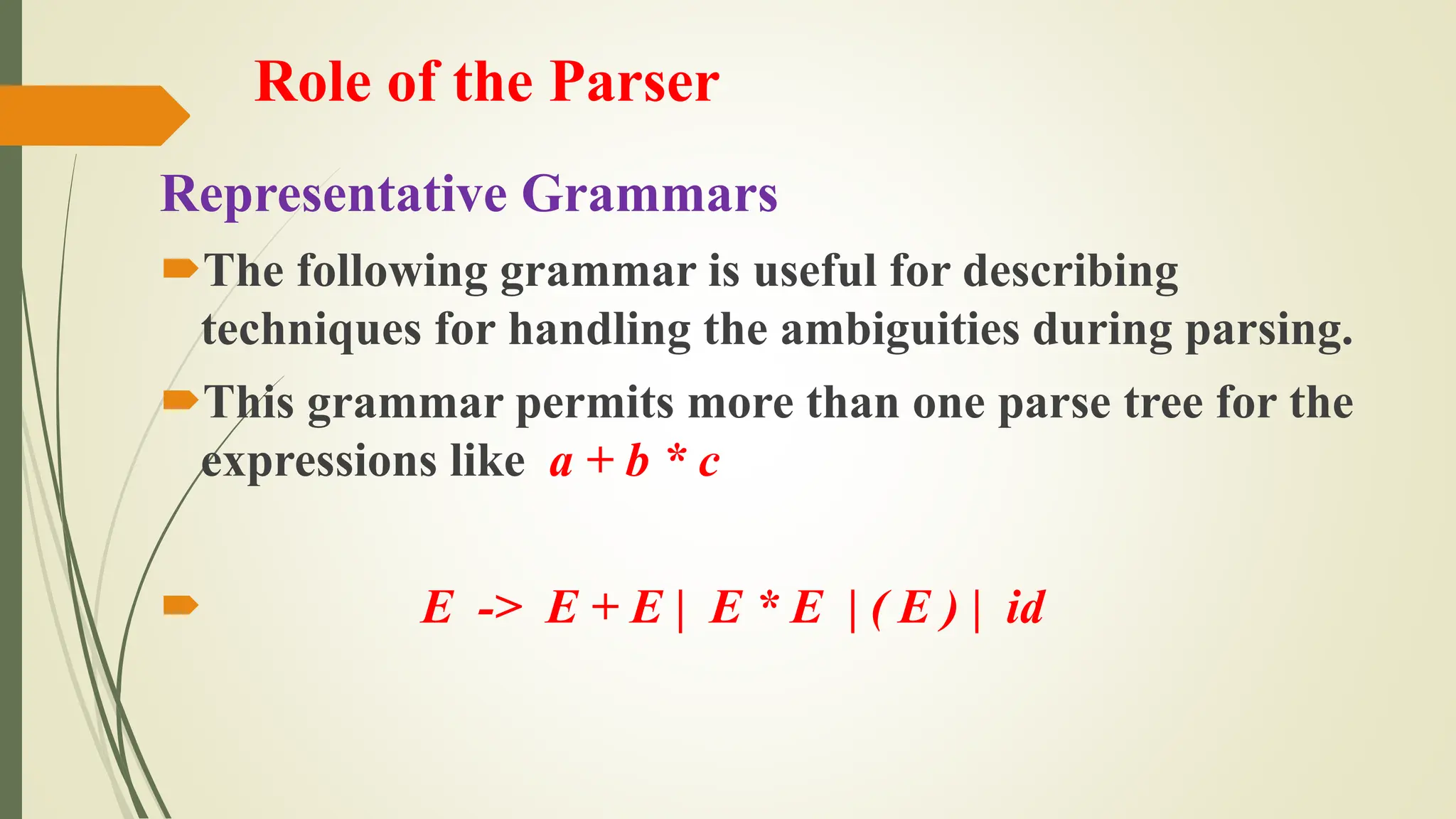 Role of the Parser
Representative Grammars
The following grammar is useful for describing
techniques for handling the ambiguities during parsing.
This grammar permits more than one parse tree for the
expressions like a + b * c
 E -> E + E | E * E | ( E ) | id
 