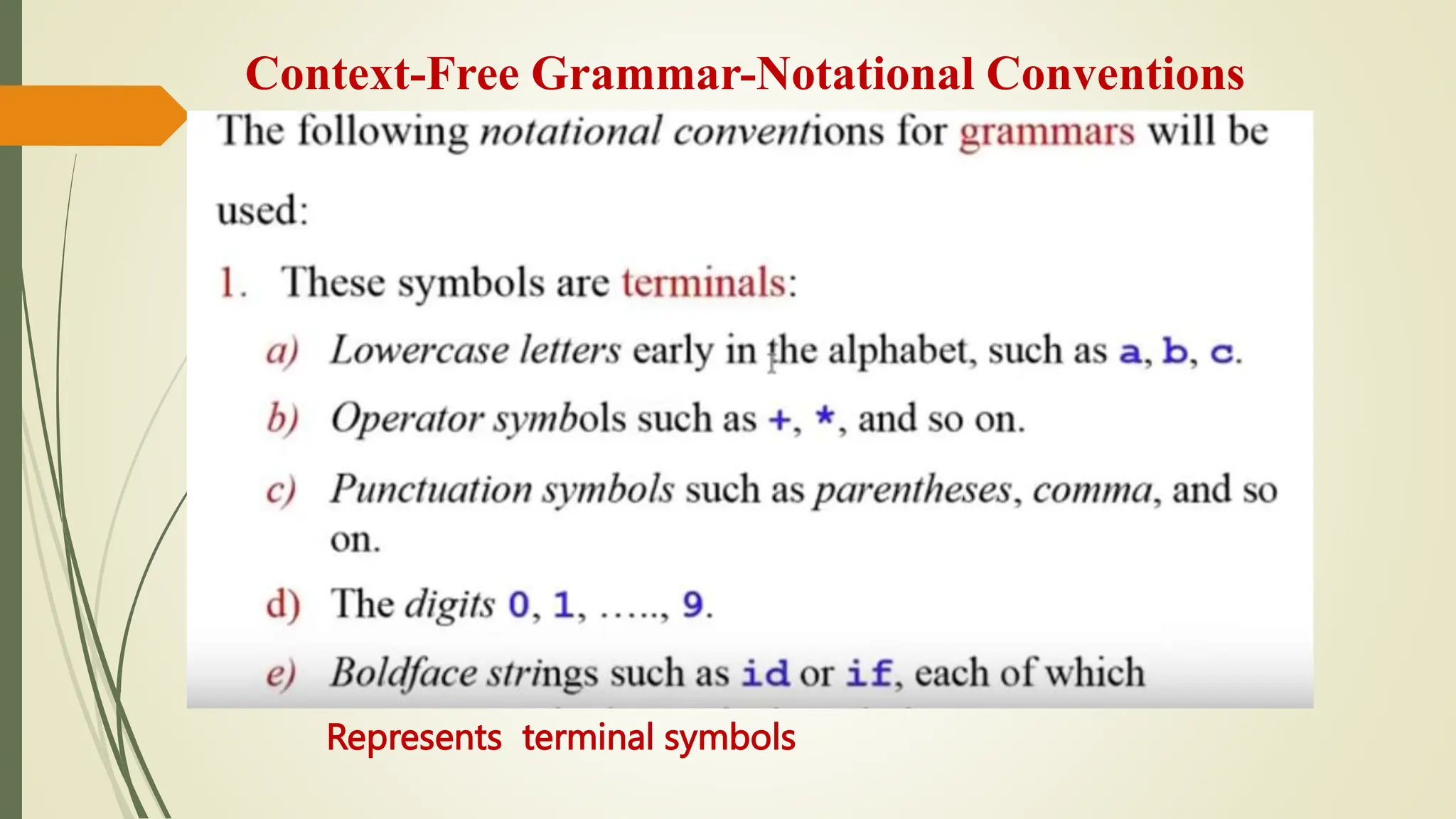 Context-Free Grammar-Notational Conventions
Represents terminal symbols
 