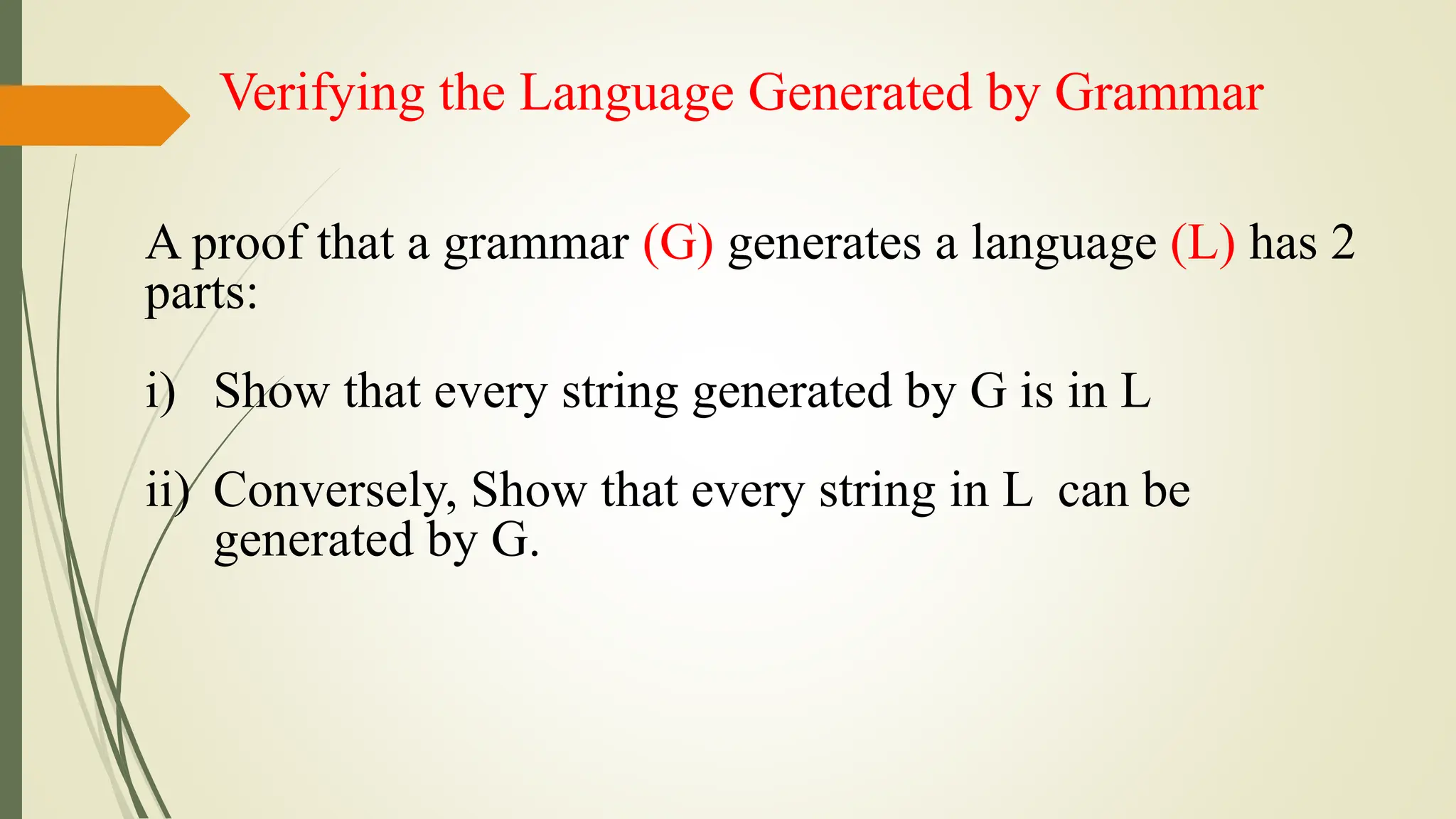 Verifying the Language Generated by Grammar
A proof that a grammar (G) generates a language (L) has 2
parts:
i) Show that every string generated by G is in L
ii) Conversely, Show that every string in L can be
generated by G.
 