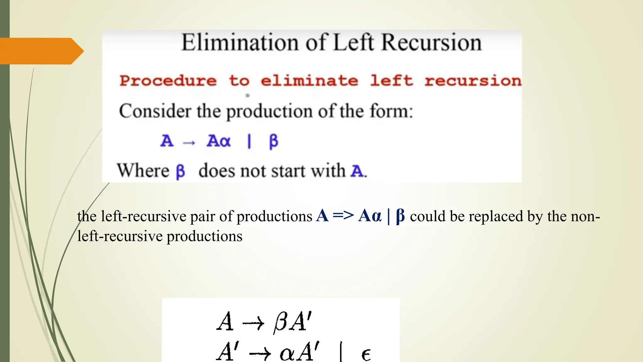 the left-recursive pair of productions A => Aα | β could be replaced by the non-
left-recursive productions
 
