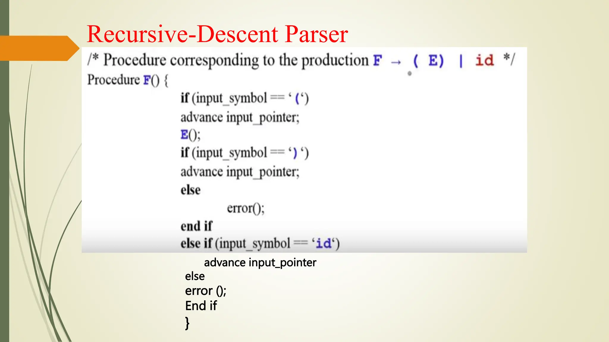 Recursive-Descent Parser
advance input_pointer
else
error ();
End if
}
 
