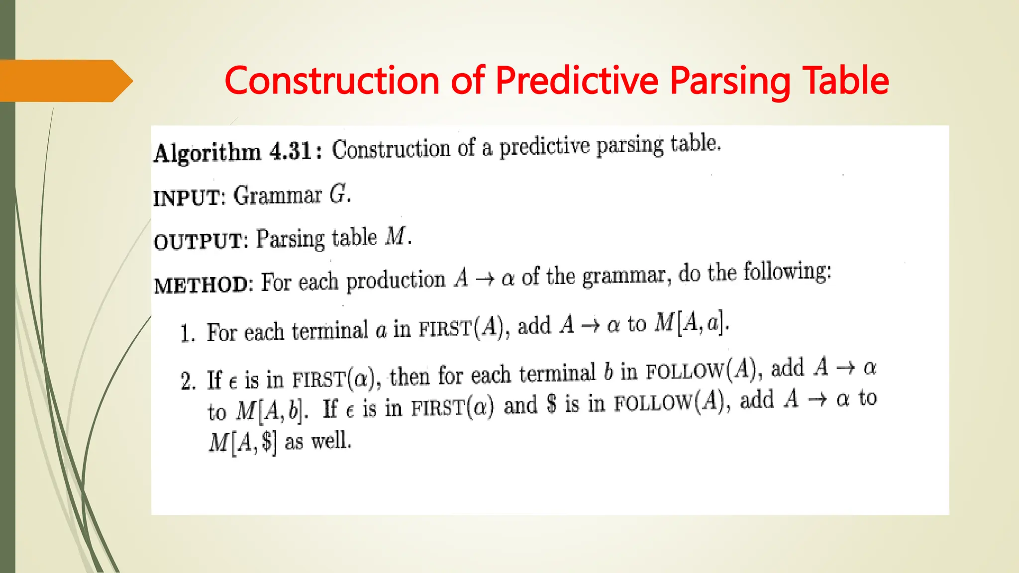 Construction of Predictive Parsing Table
 