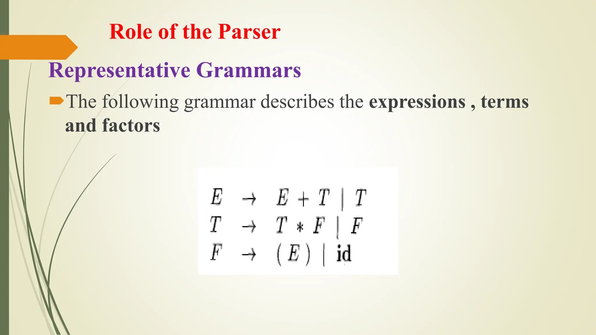 Role of the Parser
Representative Grammars
The following grammar describes the expressions , terms
and factors
 