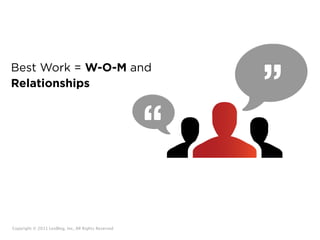 Best Work = W-O-M and
Relationships




Copyright © 2011 LexBlog, Inc, All Rights Reserved
 