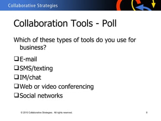 Collaboration Tools - Poll <ul><li>Which of these types of tools do you use for business? </li></ul><ul><li>E-mail </li></...