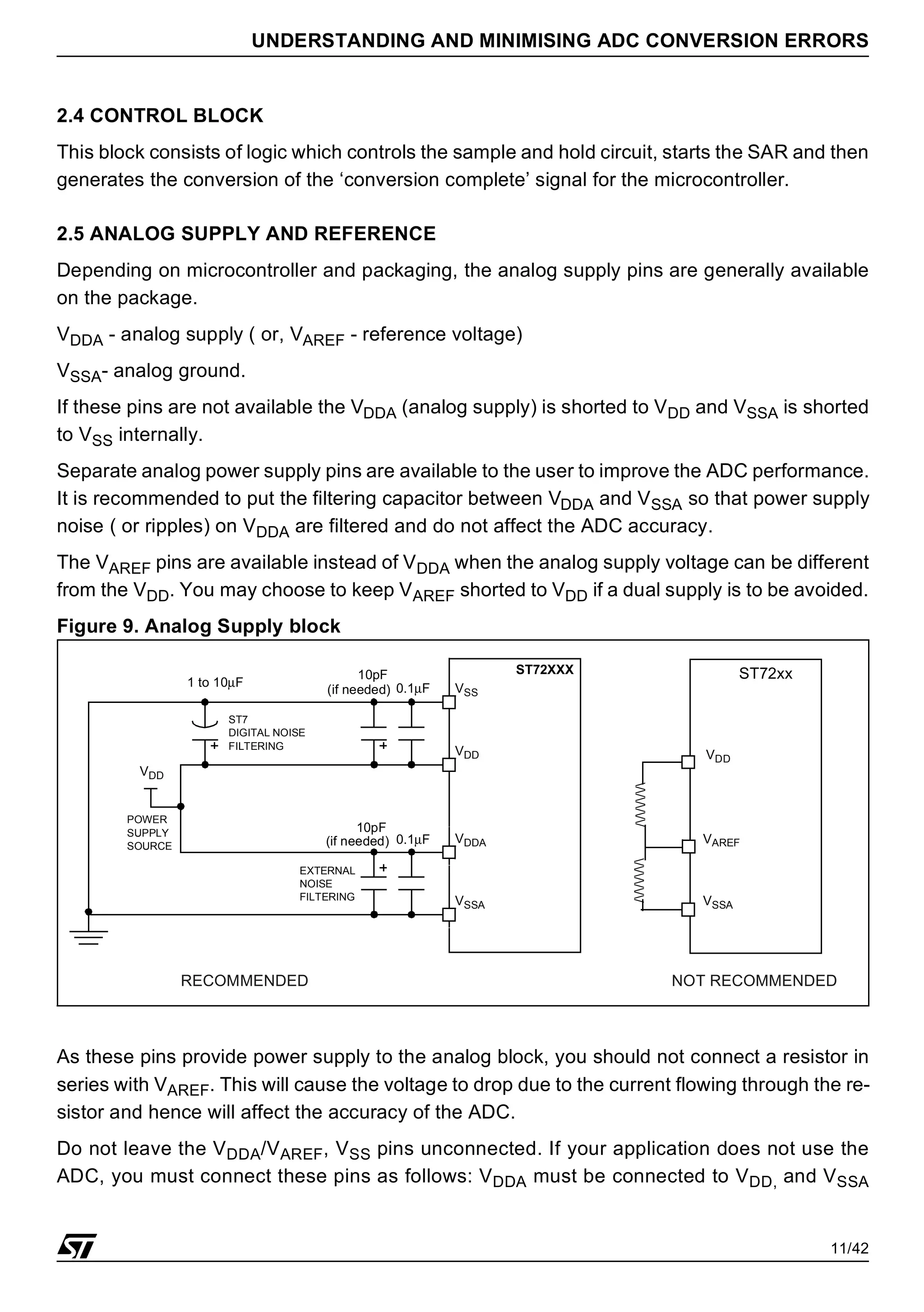 11/42
UNDERSTANDING AND MINIMISING ADC CONVERSION ERRORS
2.4 CONTROL BLOCK
This block consists of logic which controls the sample and hold circuit, starts the SAR and then
generates the conversion of the ‘conversion complete’ signal for the microcontroller.
2.5 ANALOG SUPPLY AND REFERENCE
Depending on microcontroller and packaging, the analog supply pins are generally available
on the package.
VDDA - analog supply ( or, VAREF - reference voltage)
VSSA- analog ground.
If these pins are not available the VDDA (analog supply) is shorted to VDD and VSSA is shorted
to VSS internally.
Separate analog power supply pins are available to the user to improve the ADC performance.
It is recommended to put the filtering capacitor between VDDA and VSSA so that power supply
noise ( or ripples) on VDDA are filtered and do not affect the ADC accuracy.
The VAREF pins are available instead of VDDA when the analog supply voltage can be different
from the VDD. You may choose to keep VAREF shorted to VDD if a dual supply is to be avoided.
Figure 9. Analog Supply block
As these pins provide power supply to the analog block, you should not connect a resistor in
series with VAREF. This will cause the voltage to drop due to the current flowing through the re-
sistor and hence will affect the accuracy of the ADC.
Do not leave the VDDA/VAREF, VSS pins unconnected. If your application does not use the
ADC, you must connect these pins as follows: VDDA must be connected to VDD, and VSSA
VSS
VDD
0.1µF
10pF
VDD
ST72XXX
VDDA
VSSA
POWER
SUPPLY
SOURCE
ST7
DIGITAL NOISE
FILTERING
EXTERNAL
NOISE
FILTERING
1 to 10µF
0.1µF
10pF
(if needed)
(if needed)
//////
//////
VSSA
VAREF
VDD
NOT RECOMMENDED
RECOMMENDED
ST72xx
 