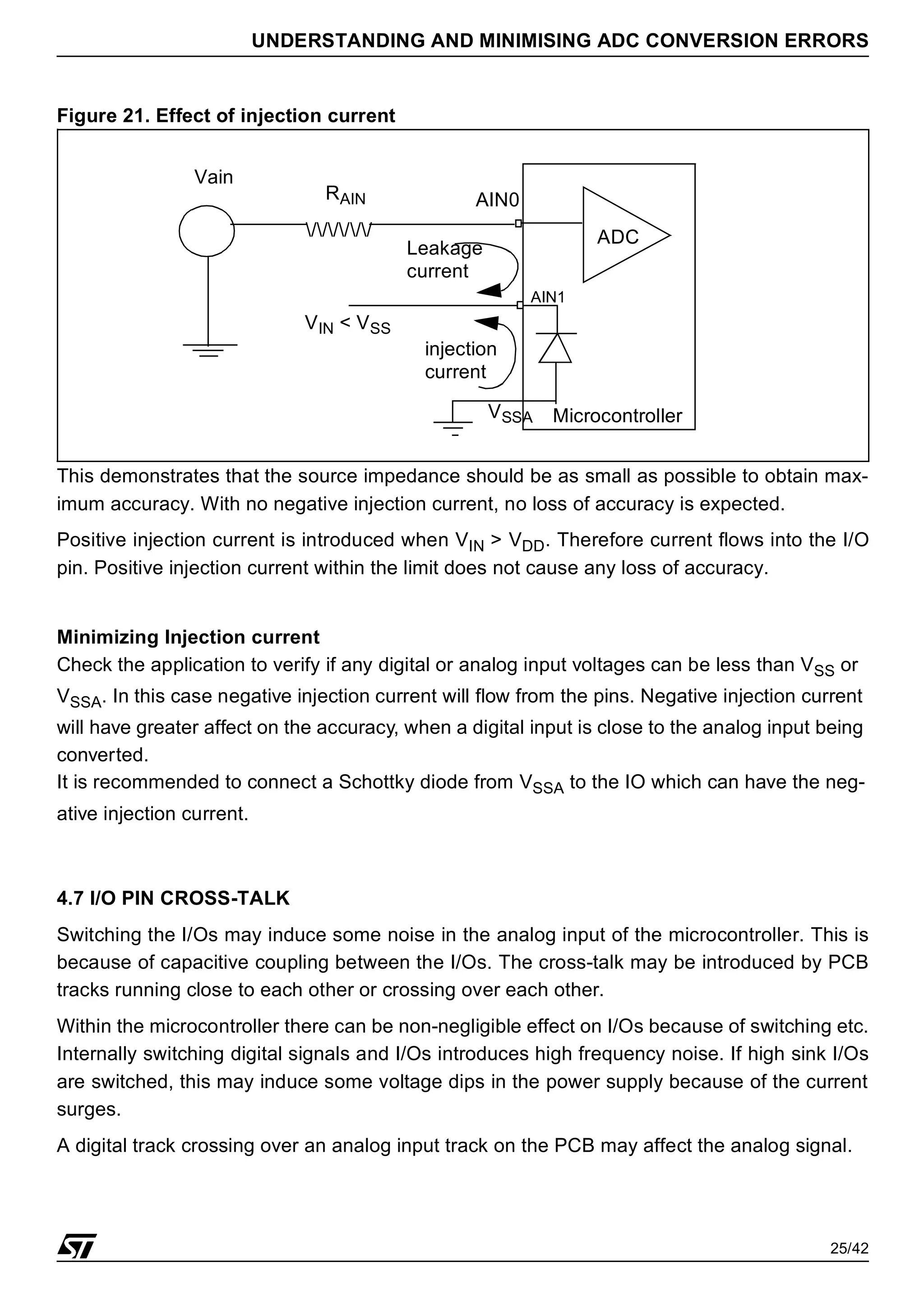 25/42
UNDERSTANDING AND MINIMISING ADC CONVERSION ERRORS
Figure 21. Effect of injection current
This demonstrates that the source impedance should be as small as possible to obtain max-
imum accuracy. With no negative injection current, no loss of accuracy is expected.
Positive injection current is introduced when VIN > VDD. Therefore current flows into the I/O
pin. Positive injection current within the limit does not cause any loss of accuracy.
Minimizing Injection current
Check the application to verify if any digital or analog input voltages can be less than VSS or
VSSA. In this case negative injection current will flow from the pins. Negative injection current
will have greater affect on the accuracy, when a digital input is close to the analog input being
converted.
It is recommended to connect a Schottky diode from VSSA to the IO which can have the neg-
ative injection current.
4.7 I/O PIN CROSS-TALK
Switching the I/Os may induce some noise in the analog input of the microcontroller. This is
because of capacitive coupling between the I/Os. The cross-talk may be introduced by PCB
tracks running close to each other or crossing over each other.
Within the microcontroller there can be non-negligible effect on I/Os because of switching etc.
Internally switching digital signals and I/Os introduces high frequency noise. If high sink I/Os
are switched, this may induce some voltage dips in the power supply because of the current
surges.
A digital track crossing over an analog input track on the PCB may affect the analog signal.
VIN < VSS
injection
current
AIN0
Leakage
current
//////
Vain
RAIN
ADC
Microcontroller
VSSA
AIN1
 