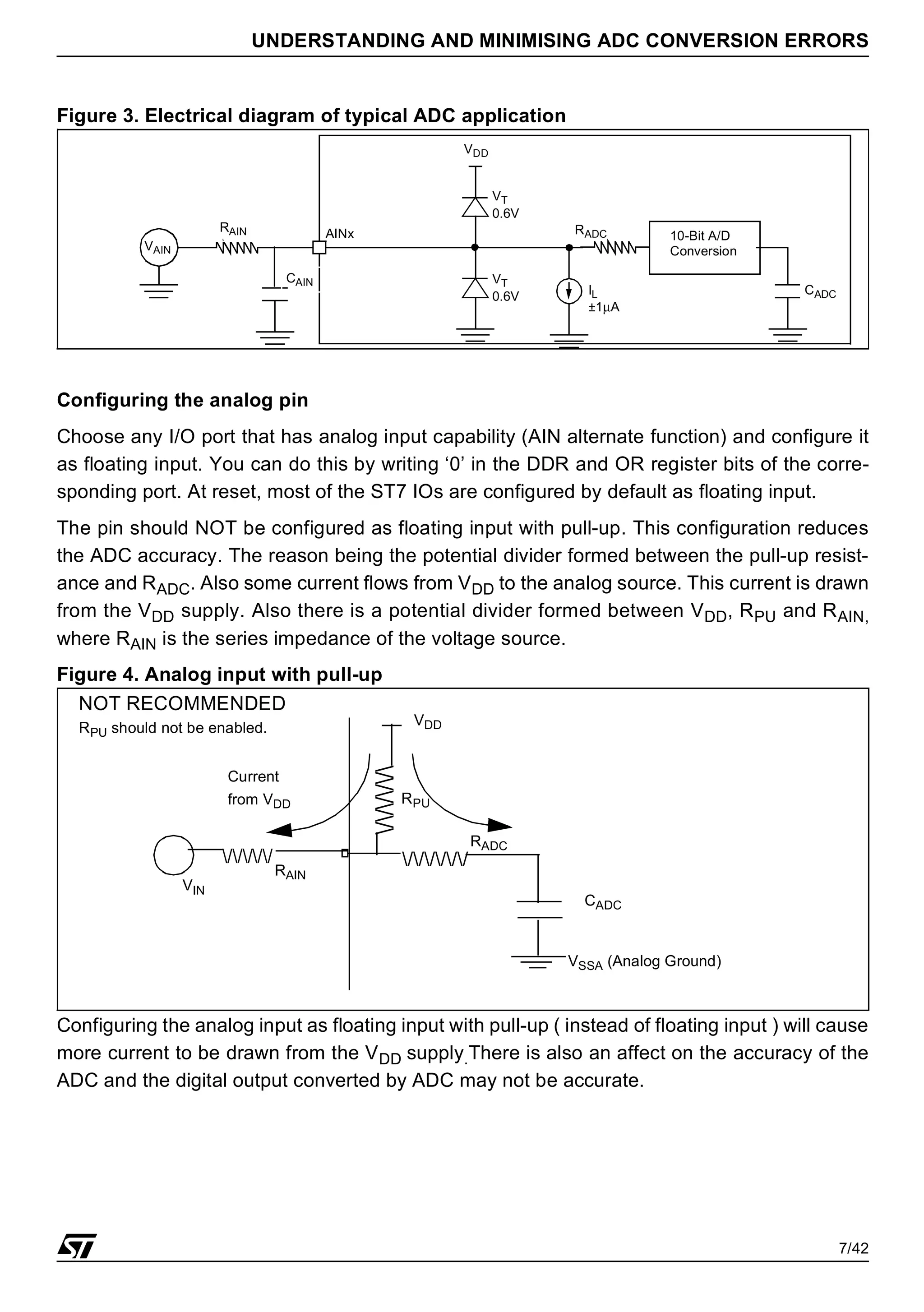 7/42
UNDERSTANDING AND MINIMISING ADC CONVERSION ERRORS
Figure 3. Electrical diagram of typical ADC application
Configuring the analog pin
Choose any I/O port that has analog input capability (AIN alternate function) and configure it
as floating input. You can do this by writing ‘0’ in the DDR and OR register bits of the corre-
sponding port. At reset, most of the ST7 IOs are configured by default as floating input.
The pin should NOT be configured as floating input with pull-up. This configuration reduces
the ADC accuracy. The reason being the potential divider formed between the pull-up resist-
ance and RADC. Also some current flows from VDD to the analog source. This current is drawn
from the VDD supply. Also there is a potential divider formed between VDD, RPU and RAIN,
where RAIN is the series impedance of the voltage source.
Figure 4. Analog input with pull-up
Configuring the analog input as floating input with pull-up ( instead of floating input ) will cause
more current to be drawn from the VDD supply.There is also an affect on the accuracy of the
ADC and the digital output converted by ADC may not be accurate.
AINx
VDD
IL
±1µA
VT
0.6V
VT
0.6V CADC
VAIN
RAIN 10-Bit A/D
Conversion
RADC
CAIN
//////
CADC
RADC
VSSA (Analog Ground)
/////
VDD
RPU
NOT RECOMMENDED
VIN
Current
from VDD
RPU should not be enabled.
/////
RAIN
 