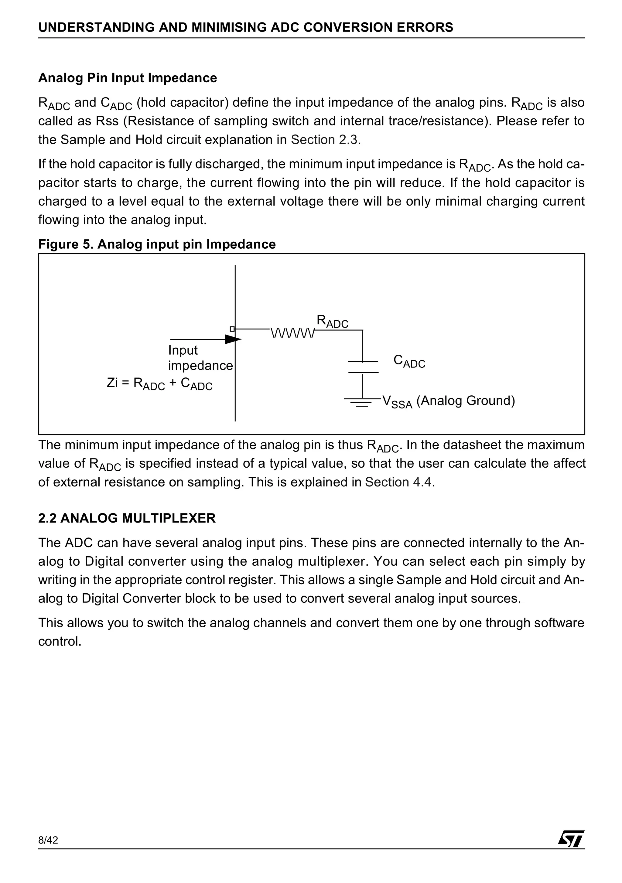 8/42
UNDERSTANDING AND MINIMISING ADC CONVERSION ERRORS
Analog Pin Input Impedance
RADC and CADC (hold capacitor) define the input impedance of the analog pins. RADC is also
called as Rss (Resistance of sampling switch and internal trace/resistance). Please refer to
the Sample and Hold circuit explanation in Section 2.3.
If the hold capacitor is fully discharged, the minimum input impedance is RADC. As the hold ca-
pacitor starts to charge, the current flowing into the pin will reduce. If the hold capacitor is
charged to a level equal to the external voltage there will be only minimal charging current
flowing into the analog input.
Figure 5. Analog input pin Impedance
The minimum input impedance of the analog pin is thus RADC. In the datasheet the maximum
value of RADC is specified instead of a typical value, so that the user can calculate the affect
of external resistance on sampling. This is explained in Section 4.4.
2.2 ANALOG MULTIPLEXER
The ADC can have several analog input pins. These pins are connected internally to the An-
alog to Digital converter using the analog multiplexer. You can select each pin simply by
writing in the appropriate control register. This allows a single Sample and Hold circuit and An-
alog to Digital Converter block to be used to convert several analog input sources.
This allows you to switch the analog channels and convert them one by one through software
control.
//////
CADC
RADC
VSSA (Analog Ground)
Input
impedance
Zi = RADC + CADC
 