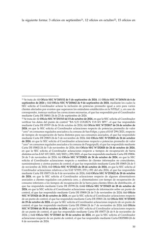 50
la siguiente forma: 3 oficios en septiembre21, 12 oficios en octubre22, 15 oficios en
21 Se trata de: (i) Oficio SEC N°245152 de 5 de septiembre de 2024, (ii) Oficio SEC N°245634 de 6 de
septiembre de 2024 y (iii) Oficio SEC N°245662 de 9 de septiembre de 2024, mediante los cuales la
SEC solicita al Coordinador aclarar la inclusión de potencias promedio igual a cero para varios
clientes afectados por eventos que superaron los estándares establecidos en la NTISyC y, en caso de
corresponder, instruye realizar las correcciones necesarias, el que fue respondido por el Coordinador
mediante Carta DE 04841-24 de 23 de septiembre de 2024.
22 Se trata de: (i) Oficio SEC N°251513 de 15 de octubre de 2024, en que la SEC solicita al Coordinador
verificar los datos del punto de control “BA S/E COLBÚN 13.8 KV BP1”, el que fue respondido
mediante Carta DE 05597-24 de 24 de octubre de 2024; (ii) Oficio SEC N°252817 de 24 de octubre de
2024, en que la SEC solicita al Coordinador aclaraciones respecto de potencias promedio de valor
“cero” en consumos regulados asociados a la comuna de San Felipe, y para el EAF 299/2021, respecto
de tiempos de recuperación de barra distintos para sus consumos asociados, el que fue respondido
mediante Carta DE 05803-24 de 5 de noviembre de 2024; (iii) Oficio SEC N°252818 de 24 de octubre
de 2024, en que la SEC solicita al Coordinador aclaraciones respecto a potencias promedio de valor
“cero” en consumos regulados asociados a la comuna de Panguipulli, el que fue respondido mediante
Carta DE 05802-24 de 5 de noviembre de 2024; (iv) Oficio SEC N°252820 de 24 de octubre de 2024,
en que la SEC solicita al Coordinador aclaraciones respecto a tiempos de recuperación de barra
distintos en los EAF 107/2021, 160/2021 y 299/2021, el que fue respondido mediante Carta DE 05804-
24 de 5 de noviembre de 2024; (v) Oficio SEC N°252821 de 24 de octubre de 2024, en que la SEC
solicita al Coordinador aclaraciones respecto a nombres de clientes informados no coincidentes,
suministradores y ciertos puntos de control, el que fue respondido mediante Carta DE 05805-24 de 5
de noviembre de 2024; (vi) Oficio SEC N°253421 de 28 de octubre de 2024, en que la SEC solicita al
Coordinador aclaraciones relativos a los EAF N°055, 070 y 091 del año 2024, el que fue respondido
mediante Carta DE 05873-24 de 8 de noviembre de 2024, (vii) Oficio SEC N°253422 de 28 de octubre
de 2024, en que la SEC solicita al Coordinador aclaraciones respecto de algunos alimentadores
asociados a clientes regulados con potencia cero, y alimentadores con tiempo de recuperación de
consumo inferiores a los tiempos de recuperación de la barra para clientes libres de distribución, el
que fue respondido mediante Carta DE 05799-24; (viii) Oficio SEC N°253423 de 28 de octubre de
2024, en que la SEC solicita al Coordinador aclaraciones respecto de información sobre un punto de
control, el que fue respondido mediante Carta DE 05800-24 de 5 de noviembre de 2024; (ix) Oficio
SEC N°253424 de 28 de octubre de 2024, en que la SEC solicita al Coordinador aclaraciones respecto
de un punto de control, el que fue respondido mediante Carta DE 05801-24; (x) Oficio SEC N°253692
de 29 de octubre de 2024, en que la SEC solicita al Coordinador aclaraciones respecto de un punto de
control, el que fue respondido mediante Carta DE 05844-24 de 7 de noviembre de 2024; (xi) Oficio
SEC N°253464 de 30 de octubre de 2024, en que la SEC solicita al Coordinador aclaraciones respecto
de un punto de control, el que fue respondido mediante Carta DE 05877-24 de 8 de noviembre de
2024; y (xii) Oficio SEC N°253465 de 30 de octubre de 2024, en que la SEC solicita al Coordinador
aclaraciones respecto de un punto de control, el que fue respondido mediante Carta DE05880-24 de
8 de noviembre de 2024.
 