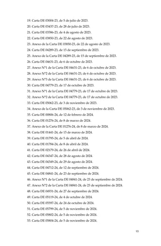 93
19. Carta DE 03004-23, de 5 de julio de 2023.
20. Carta DE 03437-23, de 28 de julio de 2023.
21. Carta DE 03586-23, de 4 de agosto de 2023.
22. Carta DE 03850-23, de 22 de agosto de 2023.
23. Anexo de la Carta DE 03850-23, de 22 de agosto de 2023.
24. Carta DE 04289-23, de 15 de septiembre de 2023.
25. Anexo de la Carta DE 04289-23, de 15 de septiembre de 2023.
26. Carta DE 04631-23, de 6 de octubre de 2023.
27. Anexo N°1 de la Carta DE 04631-23, de 6 de octubre de 2023.
28. Anexo N°2 de la Carta DE 04631-23, de 6 de octubre de 2023.
29. Anexo N°3 de la Carta DE 04631-23, de 6 de octubre de 2023.
30. Carta DE 04779-23, de 17 de octubre de 2023.
31. Anexo N°1 de la Carta DE 04779-23, de 17 de octubre de 2023.
32. Anexo N°2 de la Carta DE 04779-23, de 17 de octubre de 2023.
33. Carta DE 05062-23, de 3 de noviembre de 2023.
34. Anexo de la Carta DE 05062-23, de 3 de noviembre de 2023.
35. Carta DE 00806-24, de 12 de febrero de 2024.
36. Carta DE 01276-24, de 8 de marzo de 2024.
37. Anexo de la Carta DE 01276-24, de 8 de marzo de 2024.
38. Carta DE 01441-24, de 15 de marzo de 2024.
39. Carta DE 01795-24, de 5 de abril de 2024.
40. Carta DE 01784-24, de 8 de abril de 2024.
41. Carta DE 02179-24, de 26 de abril de 2024.
42. Carta DE 04347-24, de 28 de agosto de 2024.
43. Carta DE 04349-24, de 29 de agosto de 2024.
44. Carta DE 04712-24, de 12 de septiembre de 2024.
45. Carta DE 04841-24, de 23 de septiembre de 2024.
46. Anexo N°1 de la Carta DE 04841-24, de 23 de septiembre de 2024.
47. Anexo N°2 de la Carta DE 04841-24, de 23 de septiembre de 2024.
48. Carta DE 04931-24, de 27 de septiembre de 2024.
49. Carta DE 05119-24, de 4 de octubre de 2024.
50. Carta DE 05597-24, de 24 de octubre de 2024.
51. Carta DE 05799-24, de 5 de noviembre de 2024.
52. Carta DE 05802-24, de 5 de noviembre de 2024.
53. Carta DE 05804-24, de 5 de noviembre de 2024.
 