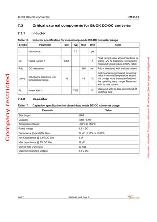 BUCK DC-DC converter                                                                                    PM3533


                     7.3             Critical external components for BUCK DC-DC converter

                     7.3.1           Inductor

                     Table 16.       Inductor specification for closed-loop mode DC-DC converter usage
                     Symbol                Parameter          Min      Typ      Max      Unit                   Notes

                     L            Inductance                            3.3               µH

                                                                                                Peak current value when inductance is




                                                                                                                                        Information classified Company restricted - Do not copy (See last page for obligations)
                     Ira          Rated current 1             0.6A                        A     within ± 20 % tolerance, compared to
                                                                                                measured typical value at 50% Irated.
                     Rdc          DC resistance                                 140      mΩ     Rdc is measured with Ira bias current
                                                                                                Coil inductance compared to nominal
Company restricted




                                                                                                value in nominal temperature should
                                  Inductance tolerance over
                     Ltemp                                     -5                +5       %     not change more than specified over
                                  temperature range
                                                                                                the operating temp. range. Measured
                                                                                                with Ira bias current
                                                                                                Measured with Ira bias current and Sf
                     PL           Power loss 1)                        TBD                W
                                                                                                switching freq.


                     7.3.2           Capacitor

                     Table 17.       Capacitor specification for closed-loop mode DC-DC converter usage
                                               Parameter                                                Value

                     Size (target)                                            0603
                     Dielectric                                               X5R / X7R
                     Temperature Range                                        –30°C to +85°C
                     Rated voltage                                            6.3 V DC
                     Capacitance (typical) 0V Bias                            10 µF +/-10% or +/-20%,
                     Min Capacitance @ 2.8V DC Bias                           6 µF
                     Max capacitance @ 0V DC Bias                             12 µF
                     ESR @ 100 kHz (max)                                      20 mΩ
                     Maximum operating voltage                                5.5 V DC




                     38/77                                          CD00271682 Rev 3
 