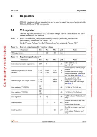PM3533                                                                                        Regulators


                     8            Regulators

                                  PM3533 includes one linear regulator that can be used to supply low-power functions inside
                                  PM3533, RFIC and RF FE components.


                     8.1          VHI regulator
                                  The VHI regulator provides 2.6 V / 2.5 V output voltage. 2.6 V is a default value and 2.5 V
                                  can be selected via SPI interface.




                                                                                                                                      Information classified Company restricted - Do not copy (See last page for obligations)
                     Note:   1    For 2.5 V mode: Full_perf (full performance) Vin>2.7 V, Reduced_perf (reduced
                                  performance) Vin between 2.6 V and 2.7 V;
                                  For 2.6V mode: Full_perf Vin>2.8V, Reduced_perf Vin between 2.7 V and 2.8 V
Company restricted




                     Table 18.    Current output capability / nominal voltage
                                   Parameter                Min        Typ       Max      Unit               Notes

                     VHI output current                                 30       60       mA

                     Table 19.    Regulator specifications(1)
                                   Parameter                Min        Typ       Max      Unit               Notes

                                                                                                 0.02< ESR < 0.1 Ω
                     External compensation capacitance      0.47        1                  µF
                                                                                                 Iout=<60 mA
                                                                                                 Device to device output voltage
                                                                                                 variation.
                     Output voltage device to device        2.510      2.605     2.69      V
                     variation                                                                   Over full temperature range,
                                                            2.425      2.500    2.575      V
                                                                                                 input voltage range, load range
                                                                                                 and Vref range (see Note 1)
                                                                                                 One sample. Over full
                                                            2.530               2.670            temperature range, input
                     Output voltage: one sample variation                                  V
                                                            2.445               2.555            voltage range and load range
                                                                                                 (see Note 1)
                                                             30/
                     Line regulation (1) /(PSRR)                                           dB    F < 10 kHz, Vin>Full_perf
                                                            (50)
                                                             30/
                     Line regulation(2)/(PSRR)                                             dB    F < 100 kHz, Vin>Full_perf
                                                            (40)
                                                                                                 F < 100 kHz, Vin=Reduced_perf
                     Line regulation                         0          10                 dB
                                                                                                 range
                                                                                                 Over full temperature and load
                     Load regulation                                    2         6       mV     range,
                                                                                                 Input voltage >Full_perf
                                                                                                 Over full temperature and load
                                                                                                 range
                     Load regulation                                             35       mV
                                                                                                 Input voltage =Reduced_perf
                                                                                                 range




                                                                   CD00271682 Rev 3                                           39/77
 