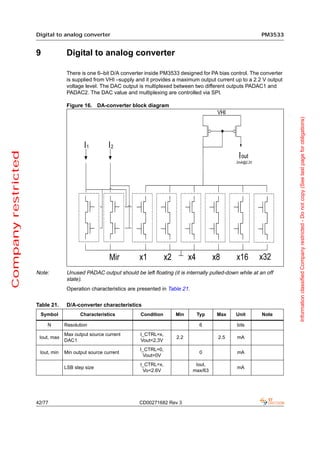 Digital to analog converter                                                                       PM3533


                     9             Digital to analog converter

                                   There is one 6–bit D/A converter inside PM3533 designed for PA bias control. The converter
                                   is supplied from VHI –supply and it provides a maximum output current up to a 2.2 V output
                                   voltage level. The DAC output is multiplexed between two different outputs PADAC1 and
                                   PADAC2. The DAC value and multiplexing are controlled via SPI.

                                   Figure 16. DA-converter block diagram




                                                                                                                                Information classified Company restricted - Do not copy (See last page for obligations)
Company restricted




                     Note:         Unused PADAC output should be left floating (it is internally pulled-down while at an off
                                   state).
                                   Operation characteristics are presented in Table 21.


                     Table 21.     D/A-converter characteristics
                      Symbol             Characteristics          Condition       Min      Typ     Max      Unit       Note

                         N        Resolution                                                6               bits
                                  Max output source current       I_CTRL=x,
                      Iout, max                                                   2.2               2.5     mA
                                  DAC1                            Vout<2.3V
                                                                  I_CTRL=0,
                      Iout, min   Min output source current                                 0               mA
                                                                   Vout=0V
                                                                  I_CTRL=x,                Iout,
                                  LSB step size                                                             mA
                                                                   Vo<2.6V                max/63




                     42/77                                        CD00271682 Rev 3
 