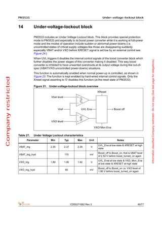 PM3533                                                                Under-voltage-lockout block


                     14          Under-voltage-lockout block

                                 PM3533 includes an Under Voltage Lockout block. This block provides special protection
                                 mode to PM3533 and especially to its boost power converter while it is working at full-power
                                 mode and the modes of operation include sudden or abnormal power-downs (i.e.
                                 uncontrolled states of critical supply voltages like those are disappearing suddenly
                                 especially VBAT and/or VXO before XRESET signal is set low by an external control see
                                 Figure 24.)
                                 When UVL triggers it disables the internal control signals of the boost converter block which




                                                                                                                                   Information classified Company restricted - Do not copy (See last page for obligations)
                                 further disables the power stages of this converter making it disabled. This way boost
                                 converter is inhibited to have unwanted overshoots at its output voltage during like out-of-
                                 spec (VBAT/VXO uncontrolled power-downs) situations.
                                 This function is automatically enabled when normal power-up is controlled, as shown in
                                 Figure 23. The function is kept enabled by hard-wired internal control signals. Only the
Company restricted




                                 Xreset signal asserting to '0' disables this function (at the reset state of PM3533).

                                 Figure 21. Under-voltage-lockout block overview




                     Table 27.   Under Voltage Lockout characteristics
                           Parameter           Min         Typ        Max       Unit                    Notes

                                                                                       UVL_Ena at low state & XRESET at high
                     VBAT_trig                 2.35       2.37        2.39       V
                                                                                       state
                                                                                       Boost_off to Boost_on, that is VBAT level
                     VBAT_trig_hyst                        170                  mV
                                                                                       of 2.54 V before boost_turned_on again
                                                                                       UVL_Enal at low state & VXO_Mon_Ena
                     VXO_trig                  1.89       1.90        1.92       V
                                                                                       at low state & XRESET at high state
                                                                                       Boost_off to Boost_on i.e. VXO level of
                     VXO_trig_hyst                         60                   mV
                                                                                       1.96 V before boost_turned_on again




                                                                 CD00271682 Rev 3                                          49/77
 