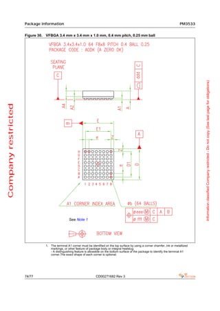Package information                                                                                              PM3533


                     Figure 30. VFBGA 3.4 mm x 3.4 mm x 1.0 mm, 0.4 mm pitch, 0.25 mm ball




                                                                                                                                               Information classified Company restricted - Do not copy (See last page for obligations)
Company restricted




                                                 See Note 1




                                1. The terminal A1 corner must be identified on the top surface by using a corner chamfer, ink or metallized
                                   markings, or other feature of package body or integral heatslug.
                                   - A distinguishing feature is allowable on the bottom surface of the package to identify the terminal A1
                                   corner.The exact shape of each corner is optional.




                     74/77                                            CD00271682 Rev 3
 