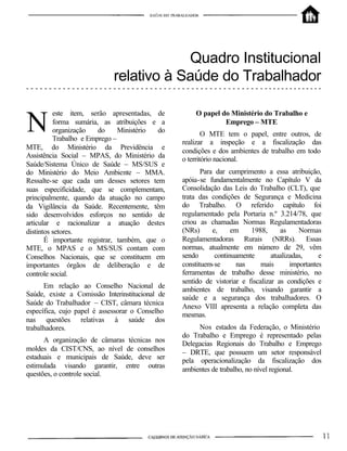 N
Quadro Institucional
relativo à Saúde do Trabalhador
- - - - - - - - - - - - - - - - - - - - - - - - - - - - - - - - - - - - - - - - - - - - - - - - - - - - - - - - - - - - - - - - - -
este item, serão apresentadas, de
forma sumária, as atribuições e a
organização do Ministério do
Trabalho e Emprego –
MTE, do Ministério da Previdência e
Assistência Social – MPAS, do Ministério da
Saúde/Sistema Único de Saúde – MS/SUS e
do Ministério do Meio Ambiente – MMA.
Ressalte-se que cada um desses setores tem
suas especificidade, que se complementam,
principalmente, quando da atuação no campo
da Vigilância da Saúde. Recentemente, têm
sido desenvolvidos esforços no sentido de
articular e racionalizar a atuação destes
distintos setores.
É importante registrar, também, que o
MTE, o MPAS e o MS/SUS contam com
Conselhos Nacionais, que se constituem em
importantes órgãos de deliberação e de
controle social.
Em relação ao Conselho Nacional de
Saúde, existe a Comissão Interinstitucional de
Saúde do Trabalhador – CIST, câmara técnica
específica, cujo papel é assessorar o Conselho
nas questões relativas à saúde dos
trabalhadores.
A organização de câmaras técnicas nos
moldes da CIST/CNS, ao nível de conselhos
estaduais e municipais de Saúde, deve ser
estimulada visando garantir, entre outras
questões, o controle social.
O papel do Ministério do Trabalho e
Emprego – MTE
O MTE tem o papel, entre outros, de
realizar a inspeção e a fiscalização das
condições e dos ambientes de trabalho em todo
o território nacional.
Para dar cumprimento a essa atribuição,
apóia-se fundamentalmente no Capítulo V da
Consolidação das Leis do Trabalho (CLT), que
trata das condições de Segurança e Medicina
do Trabalho. O referido capítulo foi
regulamentado pela Portaria n.º 3.214/78, que
criou as chamadas Normas Regulamentadoras
(NRs) e, em 1988, as Normas
Regulamentadoras Rurais (NRRs). Essas
normas, atualmente em número de 29, vêm
sendo continuamente atualizadas, e
constituem-se nas mais importantes
ferramentas de trabalho desse ministério, no
sentido de vistoriar e fiscalizar as condições e
ambientes de trabalho, visando garantir a
saúde e a segurança dos trabalhadores. O
Anexo VIII apresenta a relação completa das
mesmas.
Nos estados da Federação, o Ministério
do Trabalho e Emprego é representado pelas
Delegacias Regionais do Trabalho e Emprego
– DRTE, que possuem um setor responsável
pela operacionalização da fiscalização dos
ambientes de trabalho, no nível regional.
 