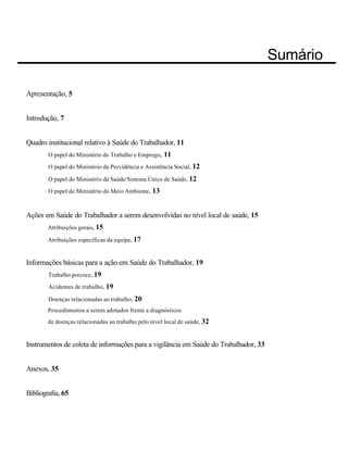Sumário
Apresentação, 5
Introdução, 7
Quadro institucional relativo à Saúde do Trabalhador, 11
O papel do Ministério do Trabalho e Emprego, 11
O papel do Ministério da Previdência e Assistência Social, 12
O papel do Ministério da Saúde/Sistema Único de Saúde, 12
O papel do Ministério do Meio Ambiente, 13
Ações em Saúde do Trabalhador a serem desenvolvidas no nível local de saúde, 15
Atribuições gerais, 15
Atribuições específicas da equipe, 17
Informações básicas para a ação em Saúde do Trabalhador, 19
Trabalho precoce, 19
Acidentes de trabalho, 19
Doenças relacionadas ao trabalho, 20
Procedimentos a serem adotados frente a diagnósticos
de doenças relacionadas ao trabalho pelo nível local de saúde, 32
Instrumentos de coleta de informações para a vigilância em Saúde do Trabalhador, 33
Anexos, 35
Bibliografia, 65
 