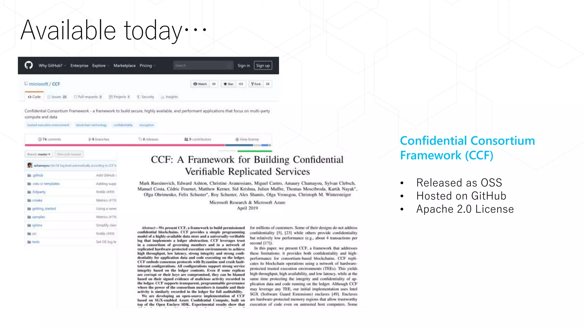 Available today…
Confidential Consortium
Framework (CCF)
• Released as OSS
• Hosted on GitHub
• Apache 2.0 License
 
