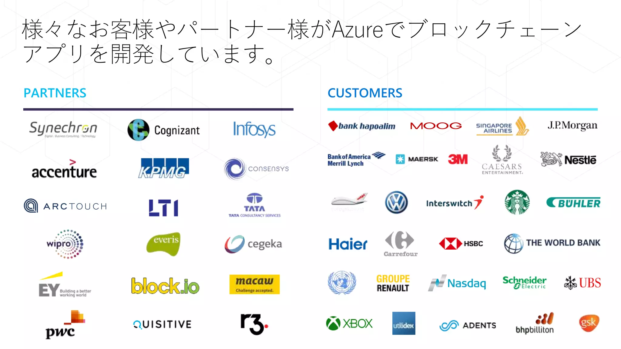 様々なお客様やパートナー様がAzureでブロックチェーン
アプリを開発しています。
PARTNERS CUSTOMERS
 