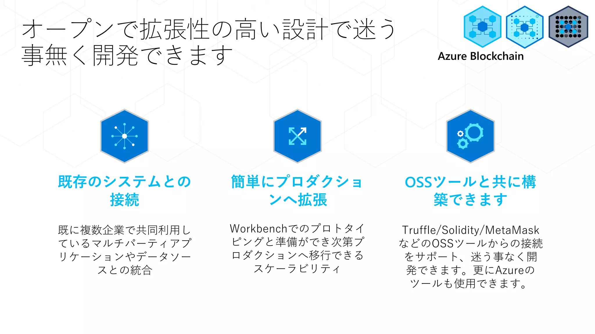 オープンで拡張性の高い設計で迷う
事無く開発できます
既存のシステムとの
接続
既に複数企業で共同利用し
ているマルチパーティアプ
リケーションやデータソー
スとの統合
簡単にプロダクショ
ンへ拡張
Workbenchでのプロトタイ
ピングと準備ができ次第プ
ロダクションへ移行できる
スケーラビリティ
OSSツールと共に構
築できます
Truffle/Solidity/MetaMask
などのOSSツールからの接続
をサポート、迷う事なく開
発できます。更にAzureの
ツールも使用できます。
Azure Blockchain
 