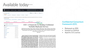 Available today…
Confidential Consortium
Framework (CCF)
• Released as OSS
• Hosted on GitHub
• Apache 2.0 License
 