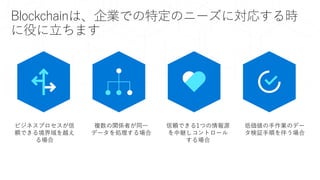Blockchainは、企業での特定のニーズに対応する時
に役に立ちます
ビジネスプロセスが信
頼できる境界域を越え
る場合
複数の関係者が同一
データを処理する場合
信頼できる1つの情報源
を中継しコントロール
する場合
低価値の手作業のデー
タ検証手順を伴う場合
 
