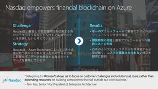 “Delegating to Microsoft allows us to focus on customer challenges and solutions at scale, rather than
expending resources on building components that fall outside our core business.”
– Tom Fay, Senior Vice President of Enterprise Architecture
Nasdaq empowers financial blockchain on Azure
Challenge
Nasdaqは、顧客との相互運用性を改善する為
のコアインフラ及びミドルウェアエコシステ
ムを改善したいと考えています
Strategy
Nasdaqは、Azure Blockchainによって、各々企
業が持つ異なる元帳を使ったシステムを元帳
に影響せず、データを統合する為のネット
ワークを構築しています
Results
• 単一のプラットフォームで顧客がテクノロジ
ソリューションを全て確保
• 開発時間の短縮と顧客アプリケーションの維
持コストの削減
• 自身のインフラストラクチャを再構築する必
要が無く、コストと複雑さを伴わない修正を
顧客に提供
 