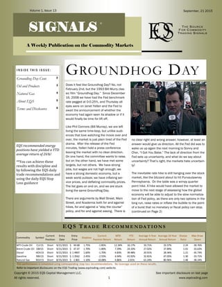 Copyright © 2015 EQS Capital Management LLC, See important disclosure on last page
All rights reserved. 1 www.eqstrading.com
SIGNALS
Does it feel like Groundhog Day? No, not
February 2nd, but the 1993 Bill Murry clas-
sic film “Groundhog Day.” Since December
16, 2008 we have had the Fed benchmark
rate pegged at 0-0.25%, and Thursday all
eyes were on Janet Yellen and the Fed to
await the announcement of whether the
economy had again seen its shadow or if it
would finally be time for lift off.
Like Phil Connors (Bill Murray), we are left
living the same time-loop, but unlike audi-
ences that love watching the movie over and
over, the market is just plain tired of the Fed
drama. After the release of the Fed
minutes, Yellen held a press conference
leaving the market with no clear direction.
On one hand, the committee wants to raise,
but on the other hand, we have met some
targets, but not others. We have strong
jobs, but wages are not high enough; we
have a strong domestic economy, but a
weak world outlook; we have inflating ser-
vice prices, and deflating commodity prices.
The list goes on and on, and we are stuck
living the same Groundhog Day.
There are arguments by Wall Street, Main
Street, and Academia both for and against
hikes, for and against a “stay the course”
policy, and for and against easing. There is
no clear right and wrong answer; however, at least an
answer would give us direction. All the Fed did was to
wake us up again the next morning to Sonny and
Cher, “I Got You Babe.” The lack of direction from the
Fed sets up uncertainty, and what do we say about
uncertainty? That’s right, the markets hate uncertain-
ty!
The inevitable rate hike is still hanging over the stock
market, like the blizzard about to hit Punxsutawney
Pennsylvania. On the table was a wimpy quarter
point hike. A hike would have allowed the market to
move to the next stage of assessing how the global
economy will be able to adjust to the slow normaliza-
tion of Fed policy, as there are only two options in the
long run, raise rates or inflate the bubble to the point
of a burst that no monetary or fiscal policy can stop.
(continued on Page 2)
GROUNDHOG DAY
EQS recommended energy
positions have yielded a YTD
average return of 26%!
**You can achieve these
results with discipline and
by following the EQS daily
trade recommendations and
using the daily EQS Stop
Loss guidance
I N S I D E T H I S I S S U E :
Groundhog Day Cont. 2
Oil and Products 3
Natural Gas 4
About EQS 5
Terms and Disclosures 6
EQS TR A D E RE C O M M E N DA T I O N S
THE S OUR C E
F OR C OM M OD ITY
TR AD ING SIGN ALS
Volume 1, Issue 13 September, 21 2015
A Weekly Publication on the Commodity Markets
©
Commodity Symbol
Current
Position
Entry
Date
Entry
Price
Stoploss
Current
Position Return
MTD
Return
YTD
Return
Average 5-Year
Annual Return
Average 10-Year
Annual Return
Sharpe
Ratio
Max Draw
Down
WTI Crude Oil CLV15 Short 9/21/2015 44.68$ 1.75% -1.85% 12.34% 16.17% 33.71% 33.37% 2.24 -30.76%
Brent Crude Oil EBX15 Short 9/21/2015 47.47$ 1.70% -1.80% 7.29% 24.33% 27.02% 37.89% 1.01 -33.63%
Diesel HOV15 Short 9/21/2015 1.4907$ 1.60% -1.70% 4.83% 39.48% 20.91% 28.36% 1.21 -35.73%
Gasoline RBV15 Short 9/21/2015 1.3562$ 2.45% -2.55% 4.94% 41.92% 32.81% 47.05% 1.30 -33.71%
Natural Gas NGV15 Short 8/25/2015 2.801$ 1.10% 10.08% 4.86% 2.01% 61.24% 80.96% 1.48 -38.24%
This performance is simulated using corresponding stop loss recommendations. No leverage used on these results.
Refer to important disclosures on the EQS Trading (www.eqstrading.com) website.
 