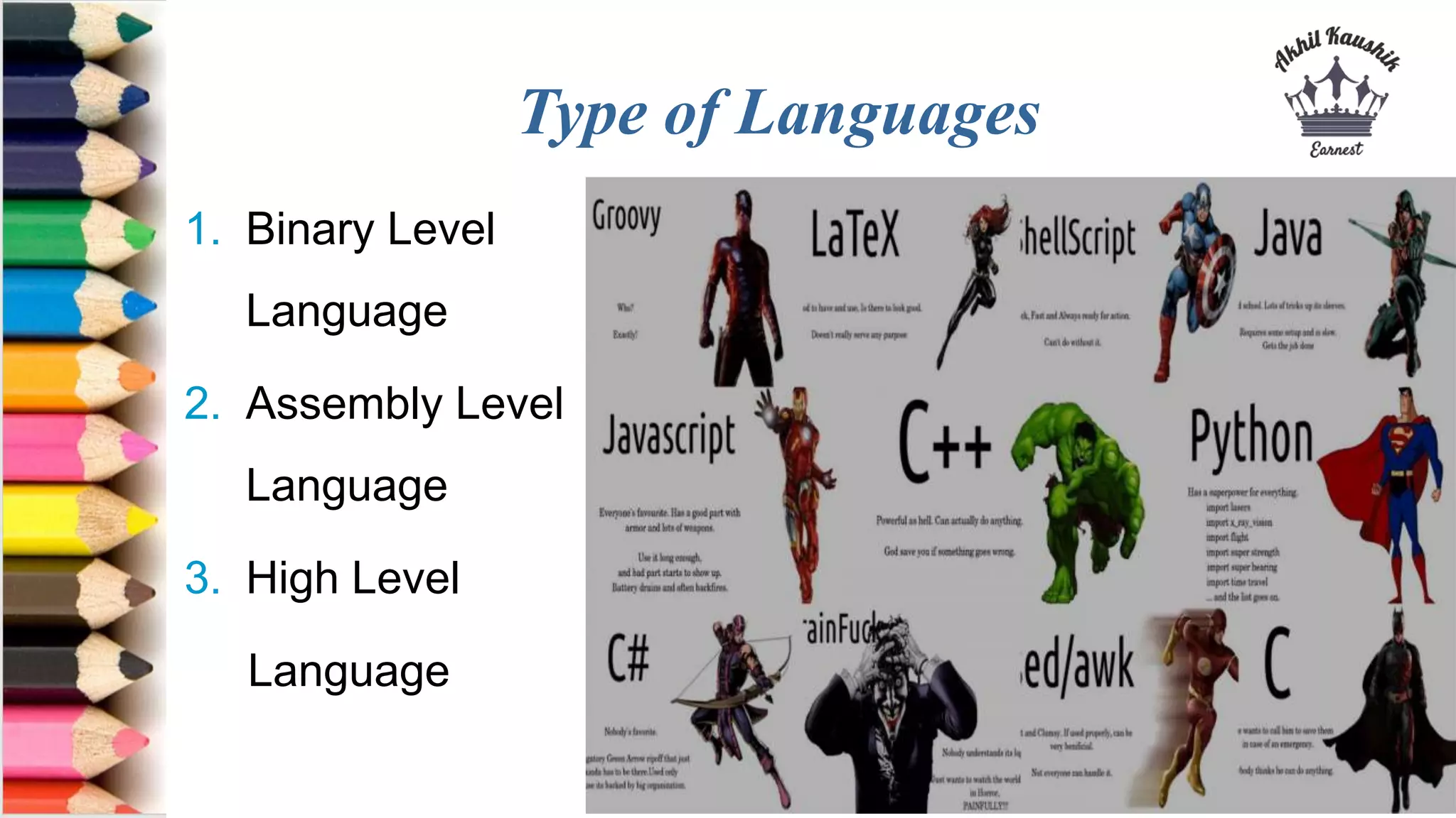 Type of Languages
1. Binary Level
Language
2. Assembly Level
Language
3. High Level
Language
 