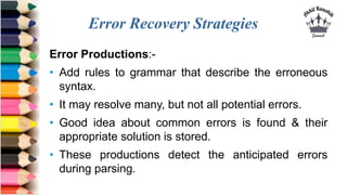 Error Recovery Strategies
Error Productions:-
• Add rules to grammar that describe the erroneous
syntax.
• It may resolve ...