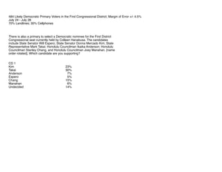 484 Likely Democratic Primary Voters in the First Congressional District; Margin of Error +/- 4.5%
July 24 - July 28
70% L...